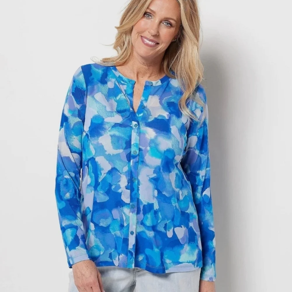 LOGO Layers Lori Goldstein Watercolor Printed Mesh Cardigan Blue Sea Size 3X